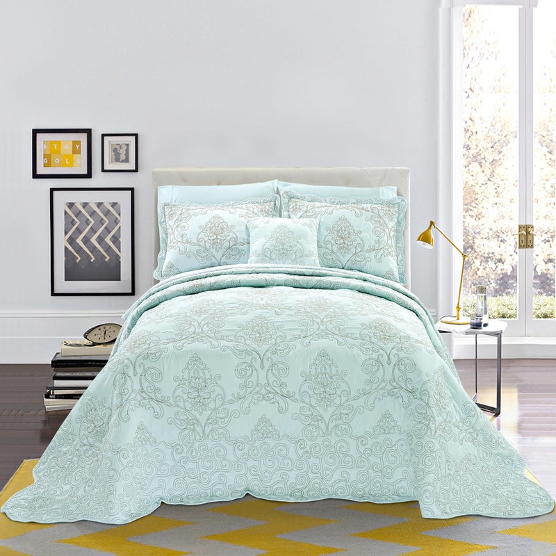 Home Soft Things Damask 4 Piece Bedspread Set, Scalloped Edge Reversible Quilt Coverlet Comforter Prewashed Bedding Set, Matelasse Embossed Floral Solid Pattern,Blue Oversize King(120" x 120") - Image 2